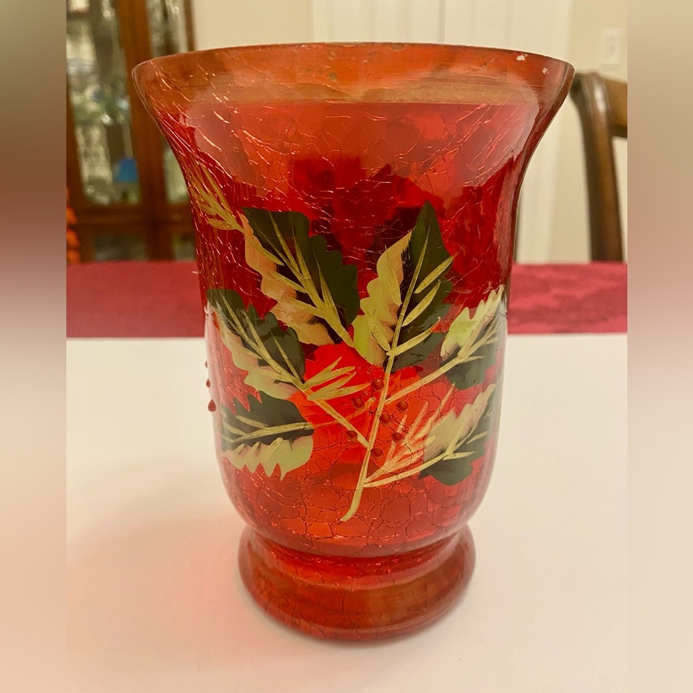 Vintage Red Crackle Glass Hurricane Vase Hand Painted Christmas Poinsettias 6”